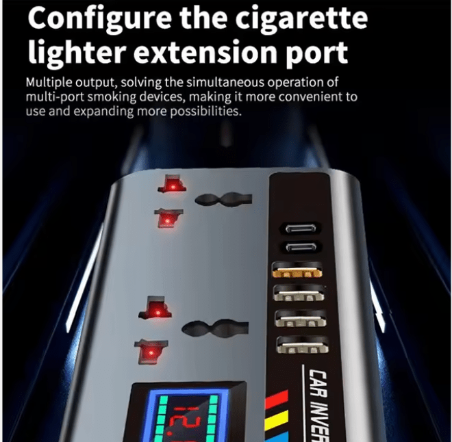 Multi-Port Car Inverter with Dual AC Socket & Digital Display