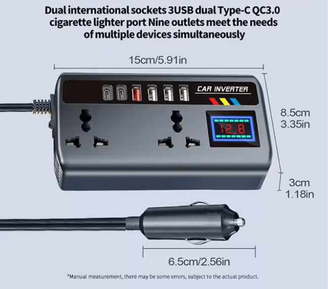 Multi-Port Car Inverter with Dual AC Socket & Digital Display